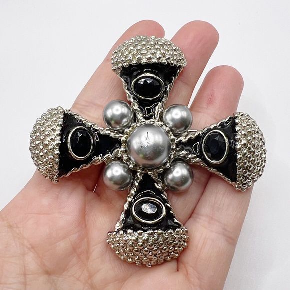 Vintage Maltese Cross Brooch Pin Faux Pearl Enamel Rhinestone 3" Statement Heavy - Picture 9 of 10
